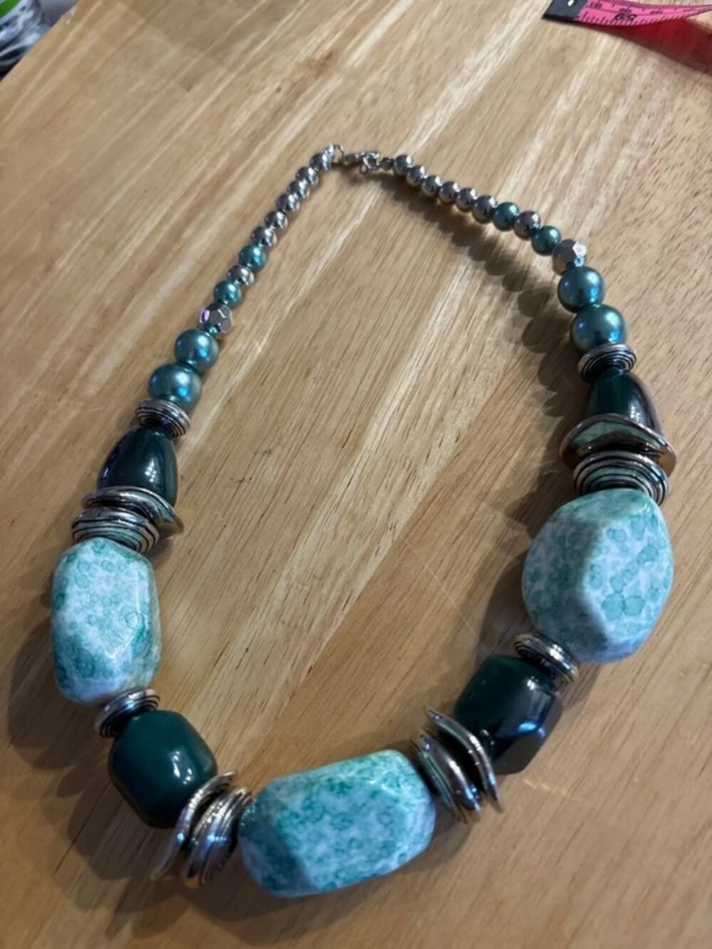 Faux turquoise and silver tone statement necklace